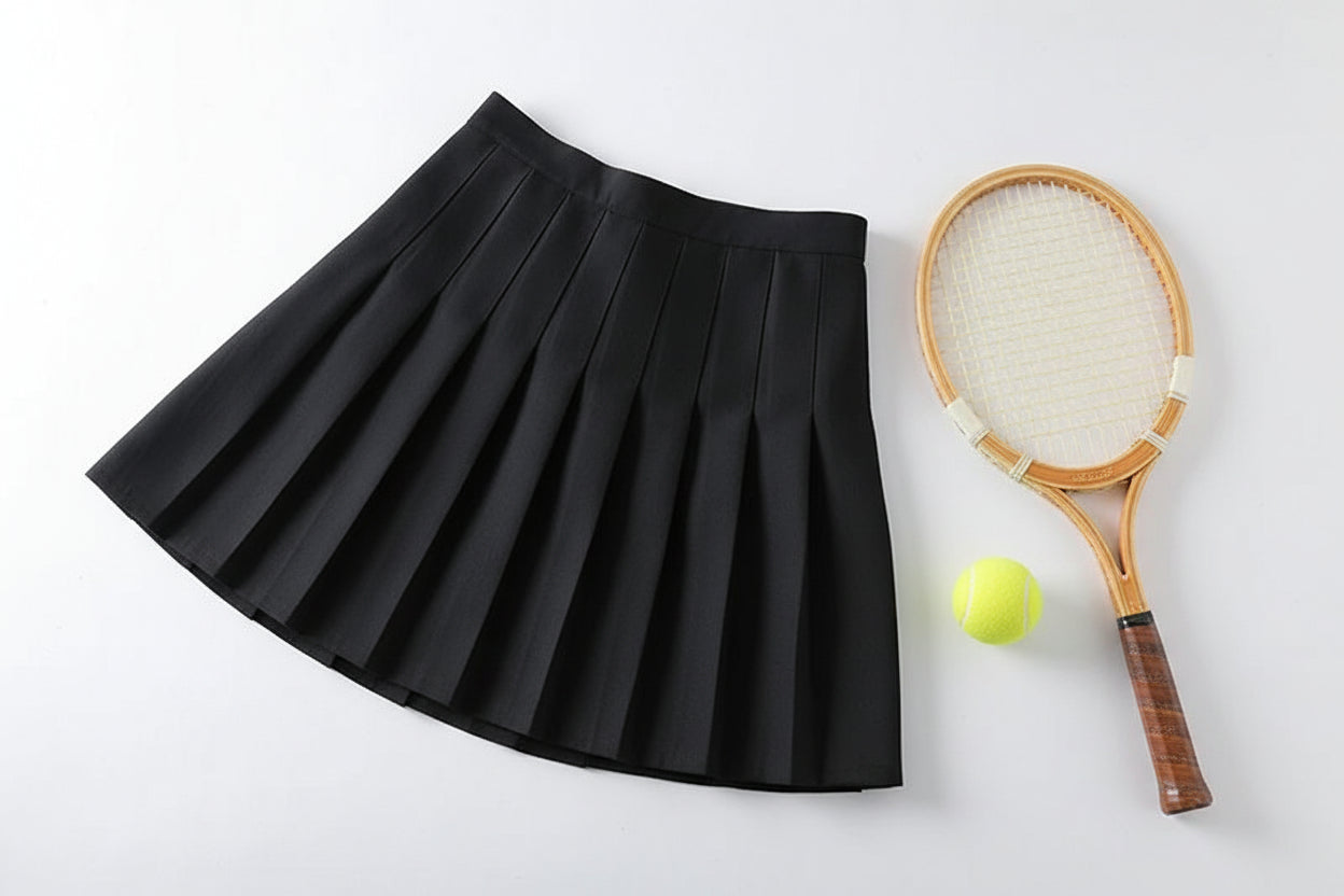classic high-wasted mini skirt and tennis racket on a side