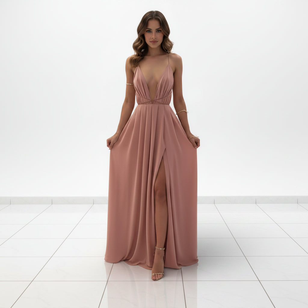dusty rose floor-length evening dress with elegant flowing silhouette