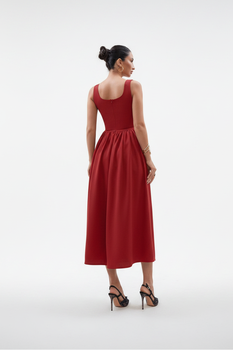 woman wearing red elegant maxi dress