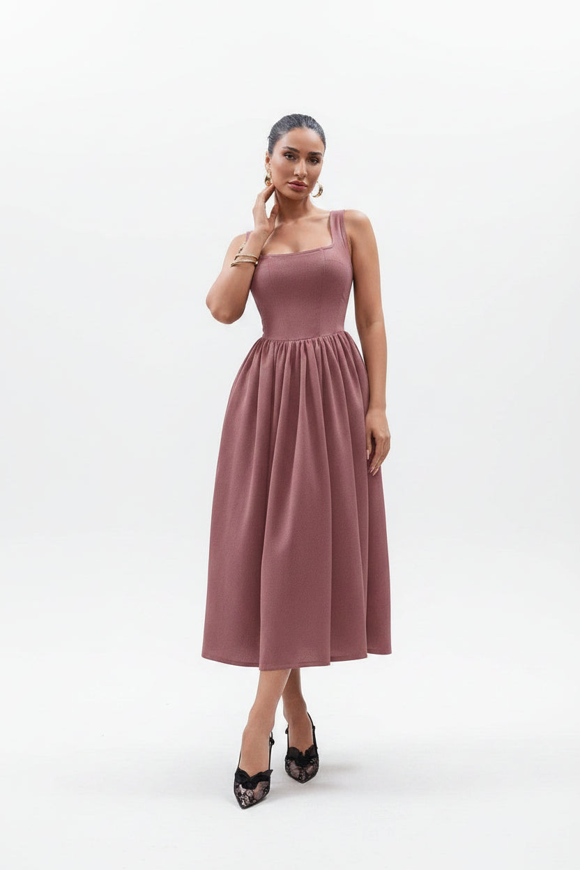 woman wearing rose maxi elegant dress