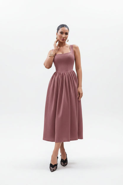woman wearing rose maxi elegant dress