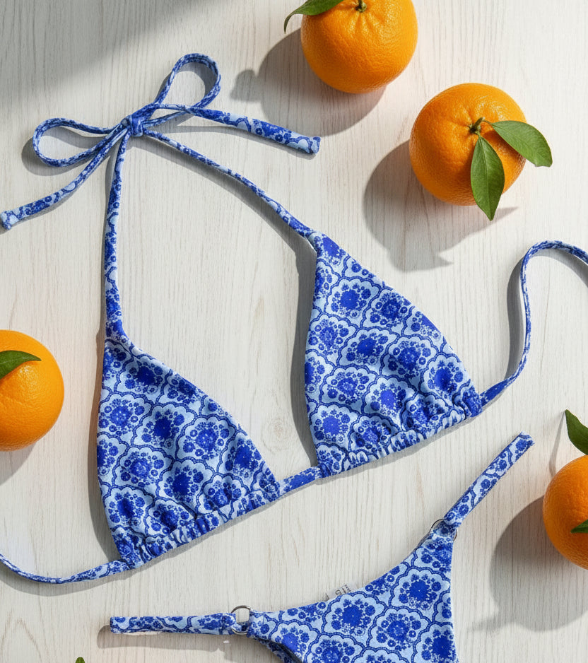 detail view of women´s two-piece bikini swimsuit featuring halter straps and premium stretch material