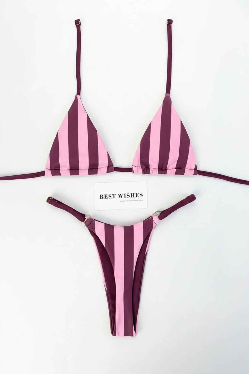 women´s two-piece swimwear with pink and burgundy lines