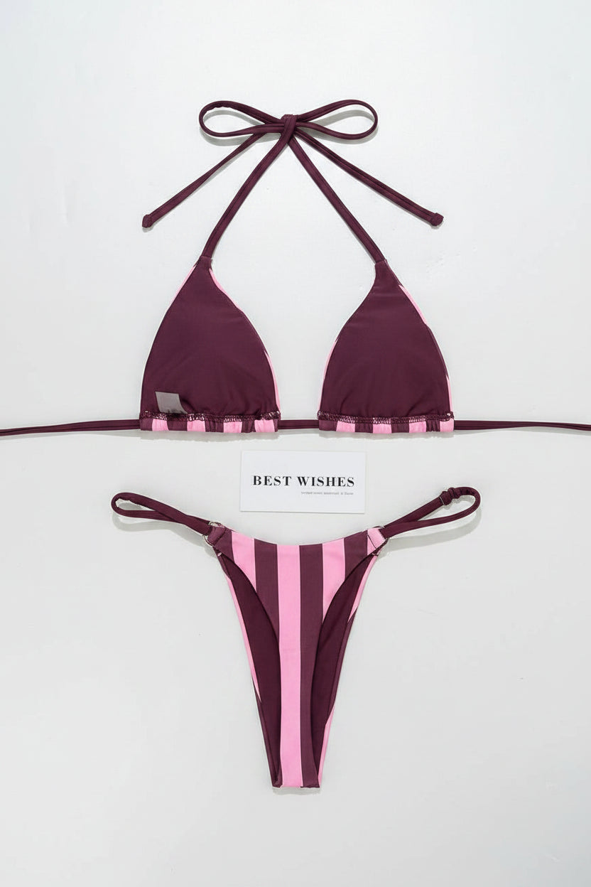 women´s two-piece swimwear with pink and burgundy lines
