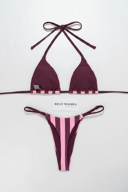 women´s two-piece swimwear with pink and burgundy lines