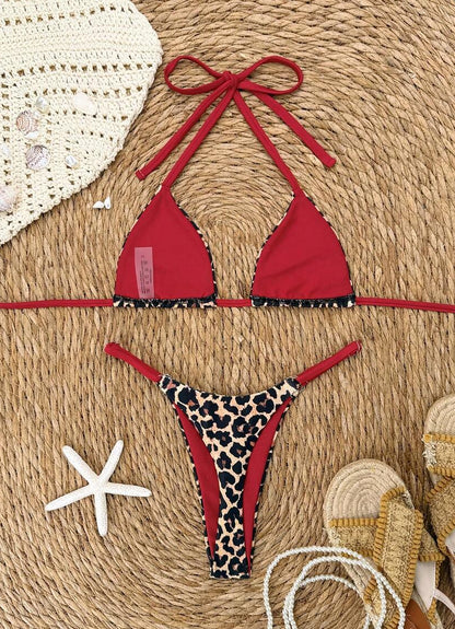 women´s two-piece swimwear with animal prints and red color