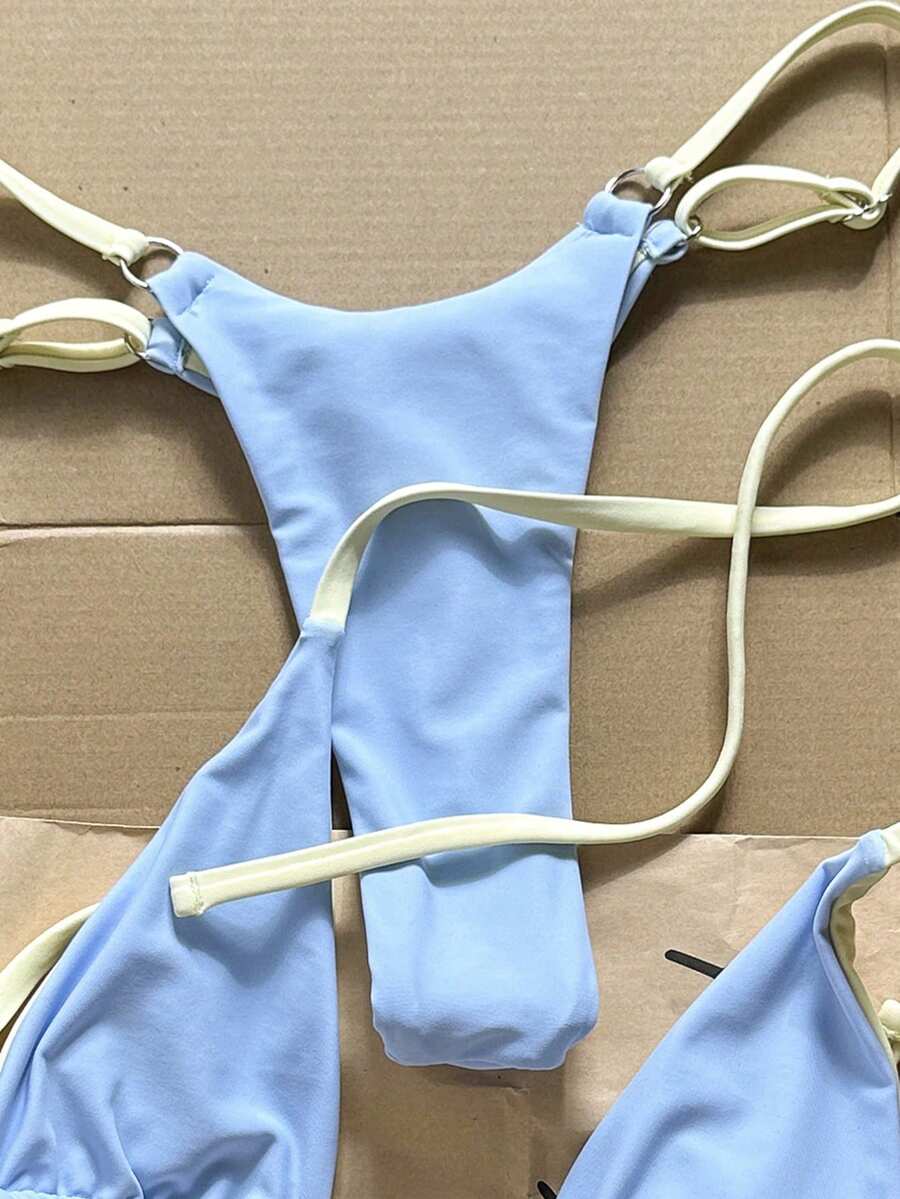 detail view of women´s light blue bikini set