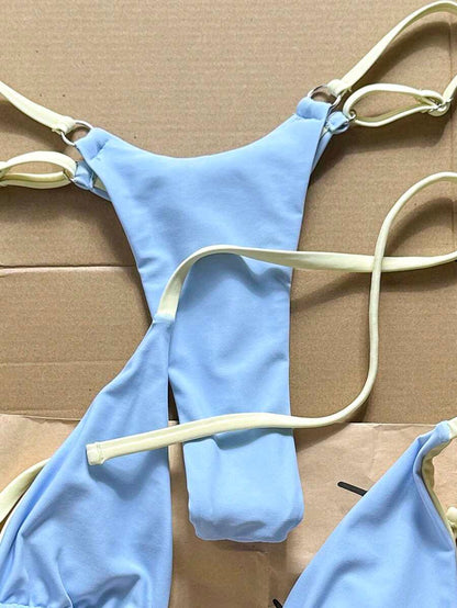 detail view of women´s light blue bikini set
