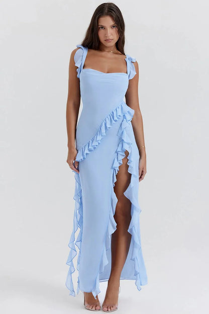 Woman wearing luxury blue dress
