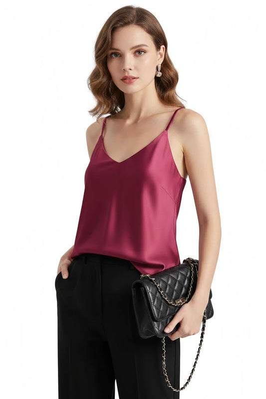 burgundy satin tank top with elegant V-neckline