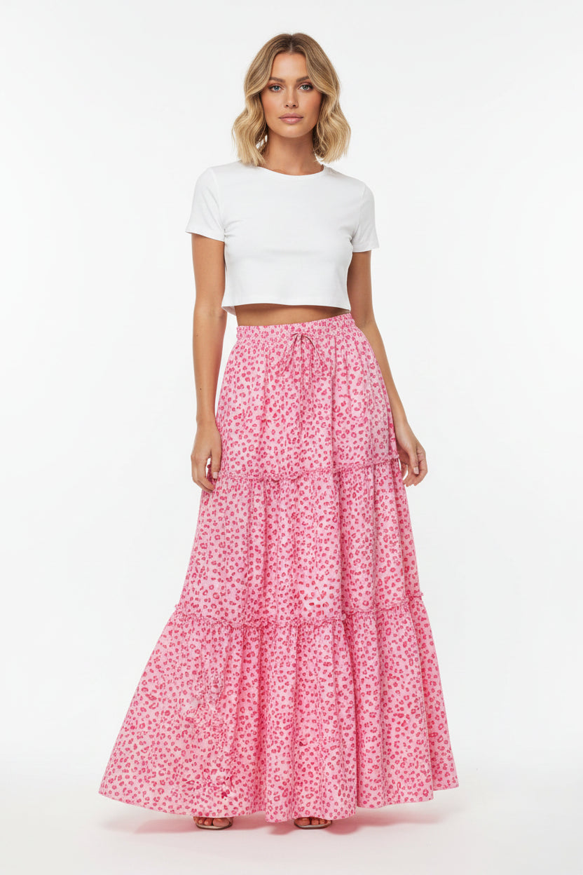 tiered pink skirt for women