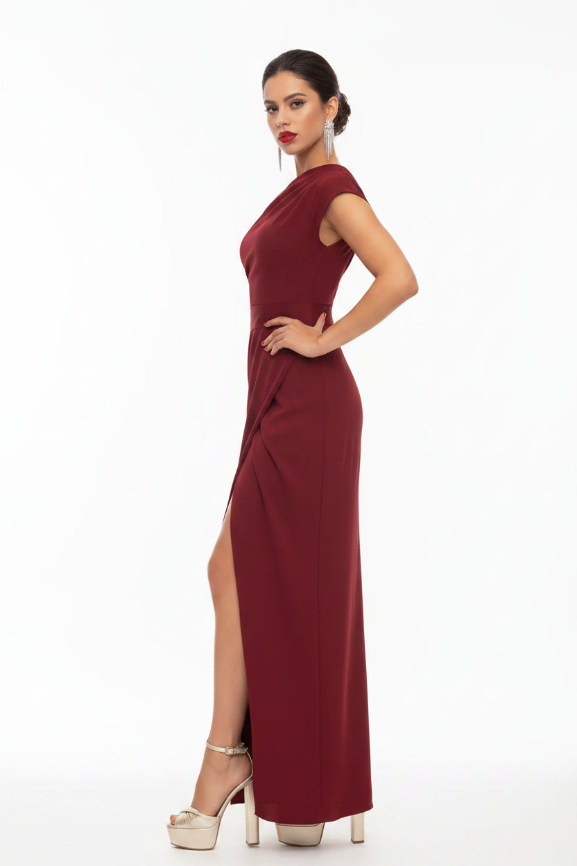 woman wearing a red one shoulder long evening dress