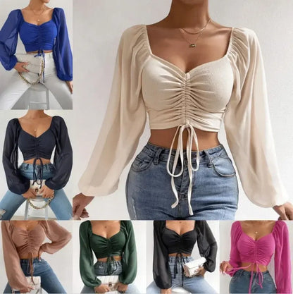 multi-color bishop sleeve crop tops for women