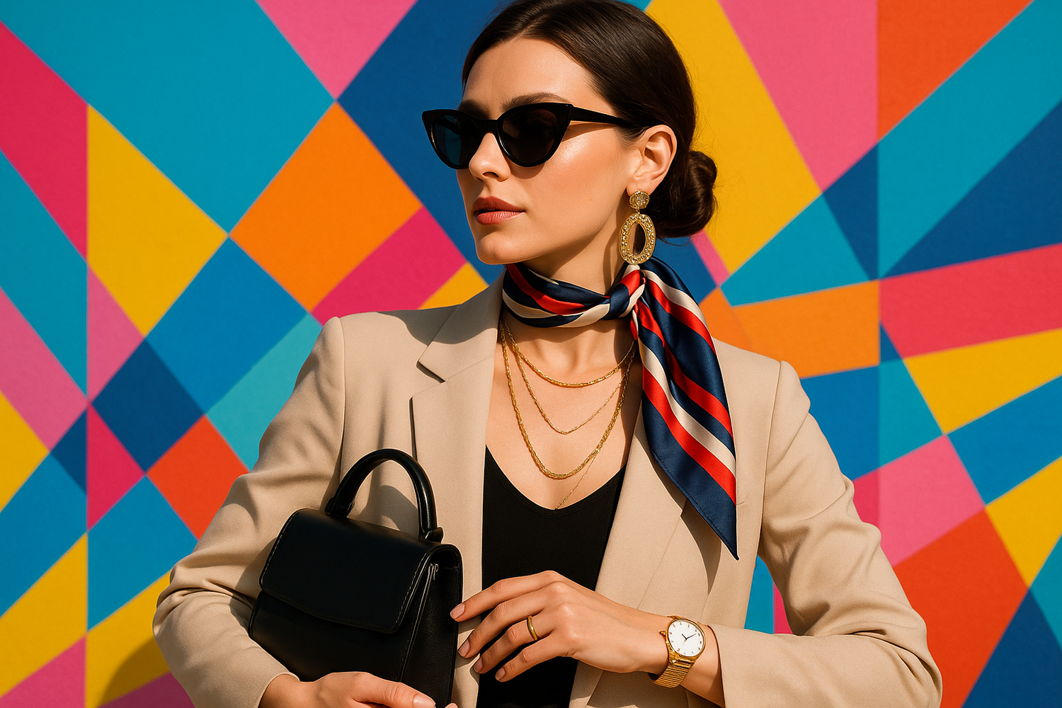 accessories presented on a modern clothed woman, with colorful background