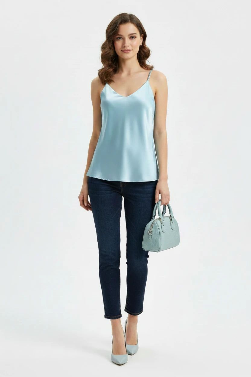 Light blue satin camisole styled with jeans