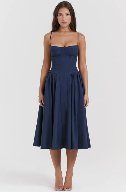 woman wearing a timeless navy blue dress