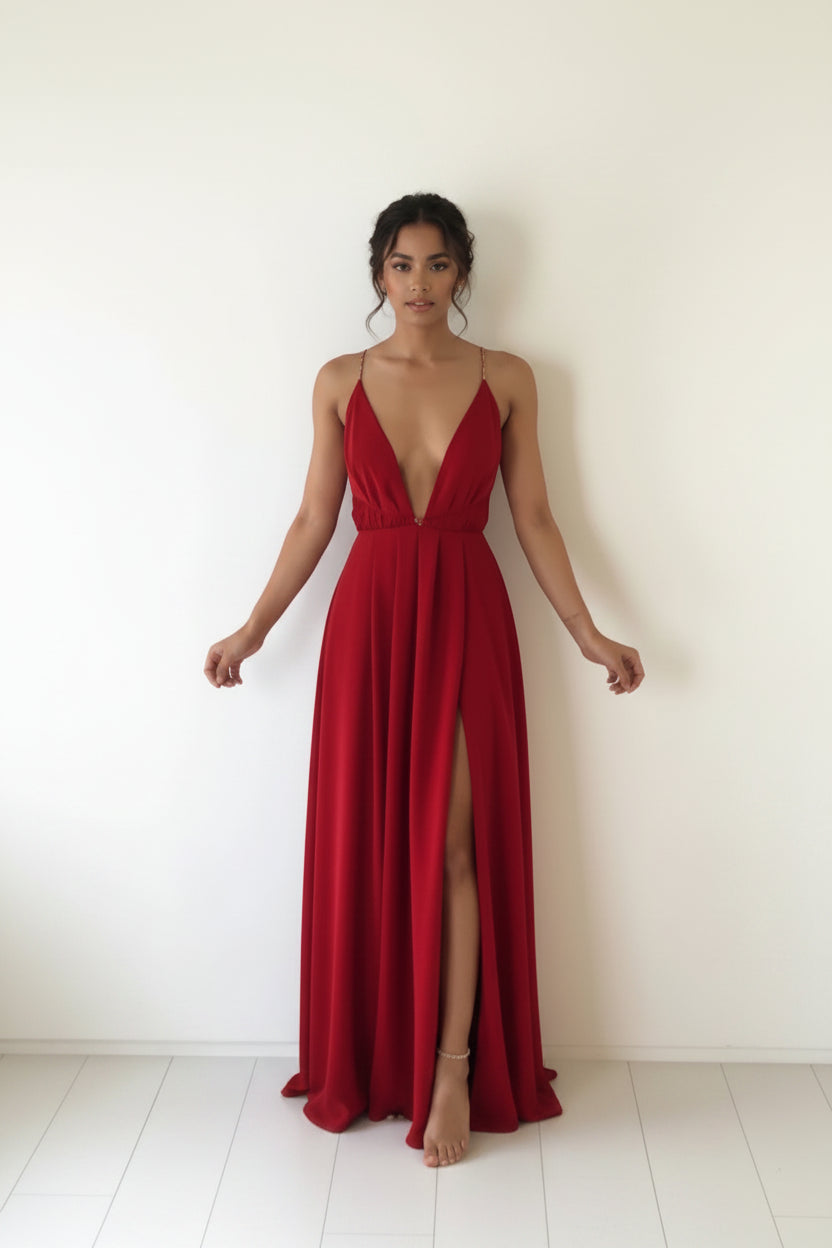 red plunge neck formal maxi dress for special occasions