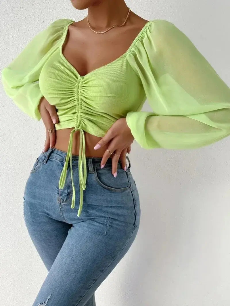 lime green crop top with adjustable tie-front design